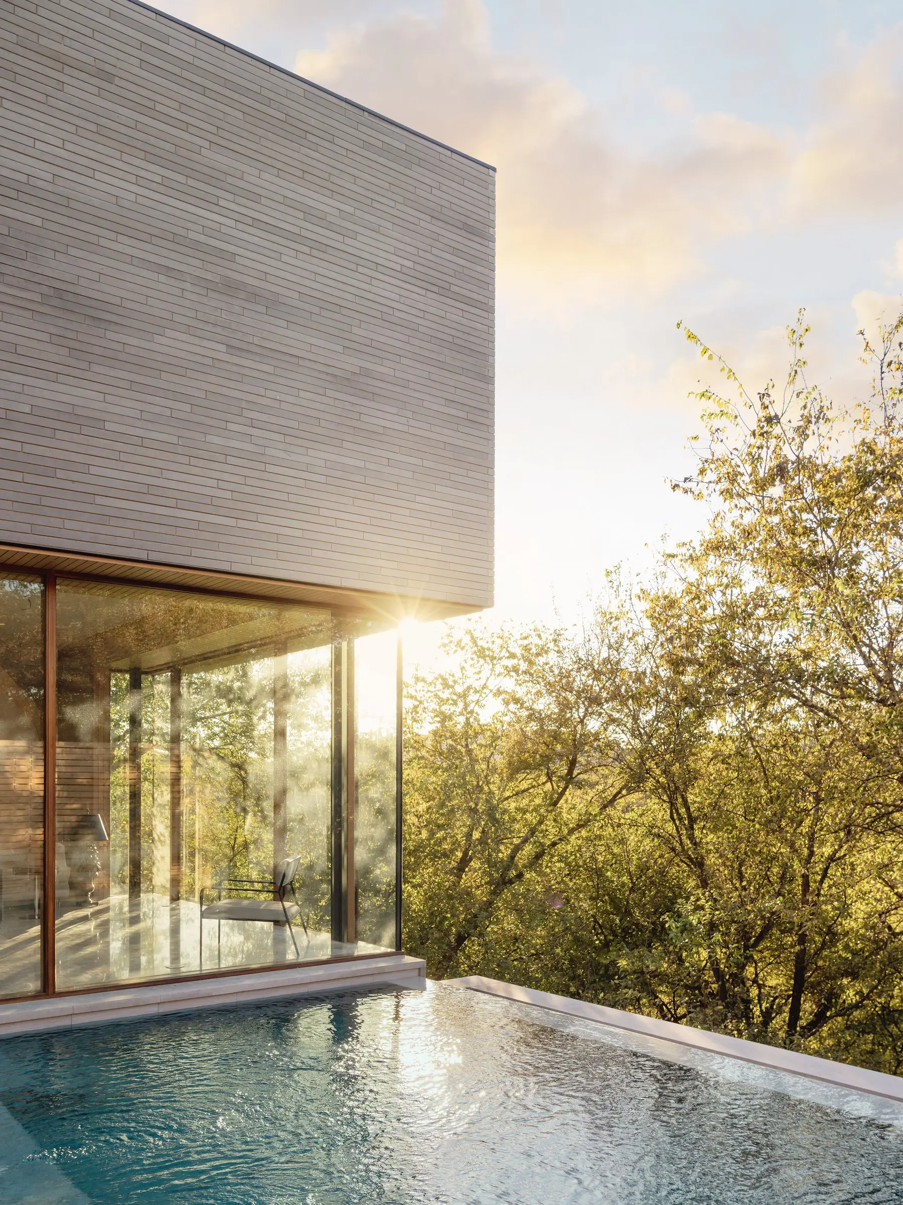 Pool deck at sunset, Greenbelt Residence by Risinger Build, Austin, TX